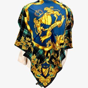 Unused McDavid 100% Silk Scarf Satin 34" Blue Green Bkack Check Gold Leaves(21)